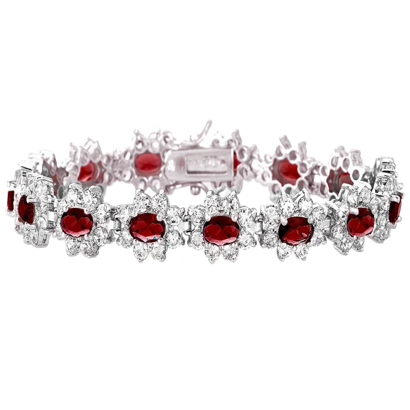 RelavenO Classy Sterling Silver Link Bracelet with Oval Ruby Red Cubic Zirconia