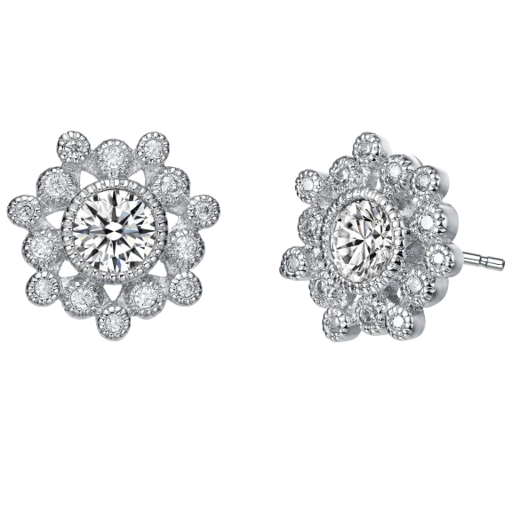 Genevive Classic Sterling Silver Cubic Zirconia Flower Stud Earrings