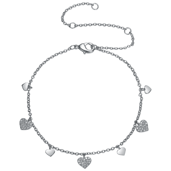 Megan Walford 9.5" Heart Charms Anklet in White Gold Plated with CZ Stones