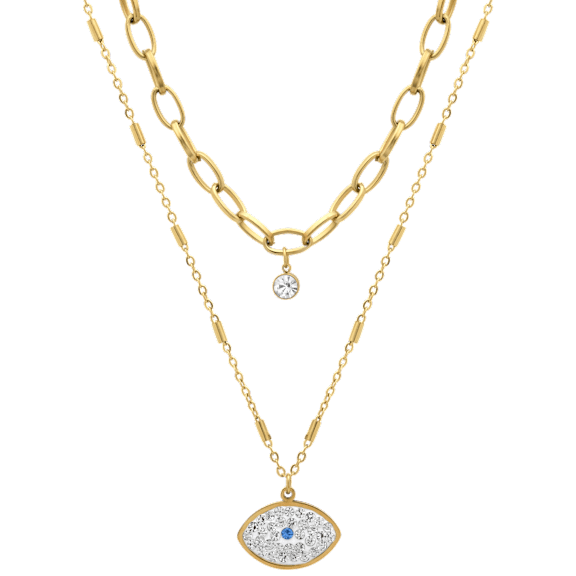 Saffron Layered Necklace with CZ Protective Eye Pendant