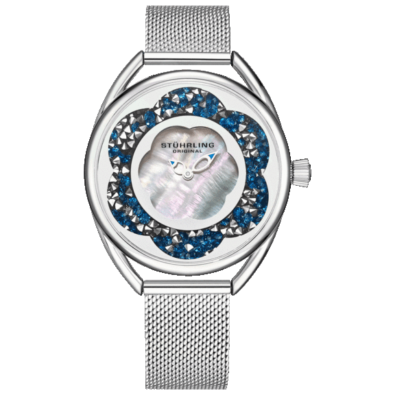 Stuhrling Women's Quartz Silver Watch w/ Red Gems & White Mother of Pearl Dial