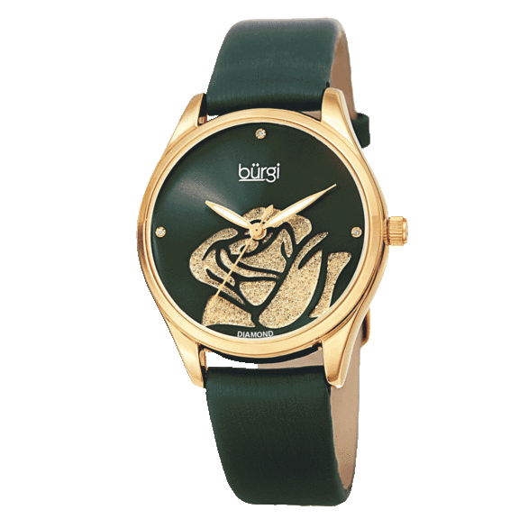 Burgi Women's Diamond Glitter Flower Leather Strap Watch