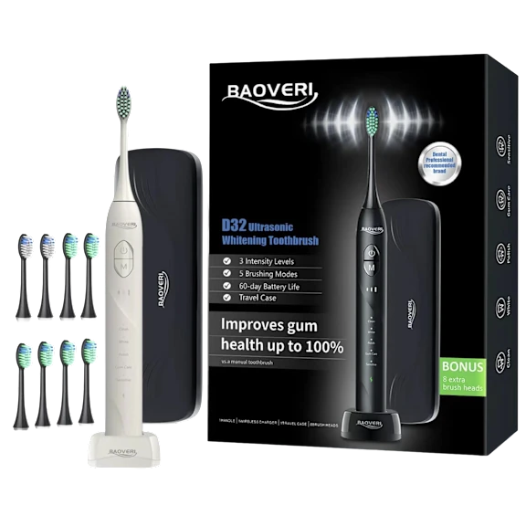 BAOVERI D32 Ultrasonic Whitening Toothbrush, 8 Brush Heads, Wireless Charger