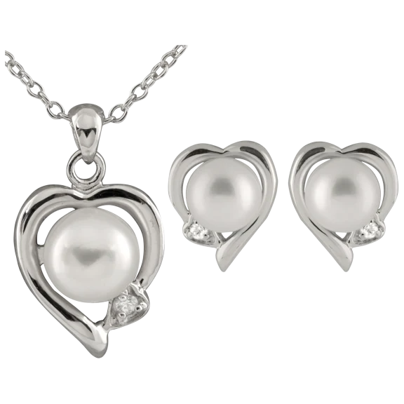 Splendid Pearls Sterling Silver Pearl Heart Pendant Necklace & Earring Set