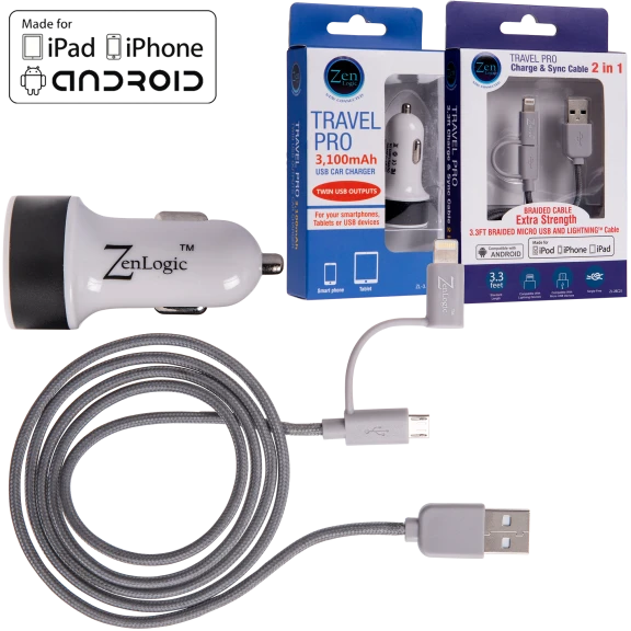 Dual Port USB Car Charger and Universal Charging Cable by Zen Logic