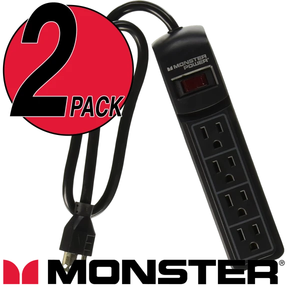 2-PACK Monster 4-Port Surge Protector Power Strip Black