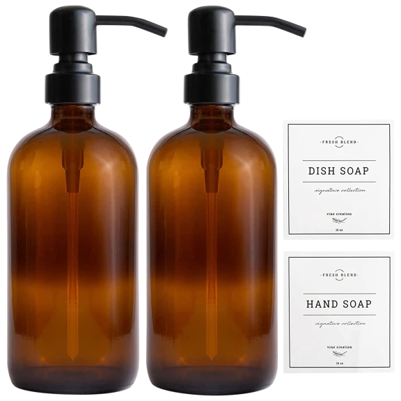 2-Pack: Vine Creations Amber Glass Dish & Hand Soap Dispensers