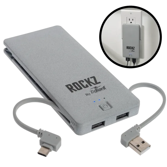 ZipKord Rockz 5,000mAh Power Bank with Integrated USB-C Cable & Wall Plug