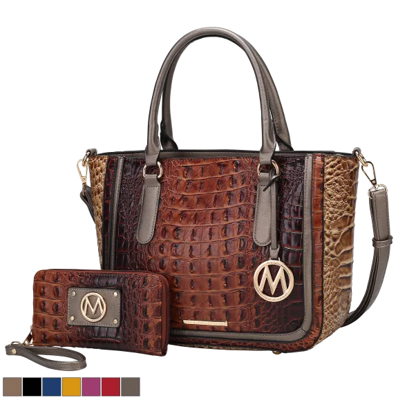 MKF Collection Bonnie Faux Crocodile-Embossed Vegan Leather Satchel with Wallet