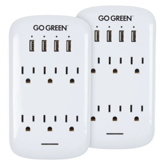 2-Pack: Go Green 735 Joules 6 Outlet Wall Plug with 4 USB Ports