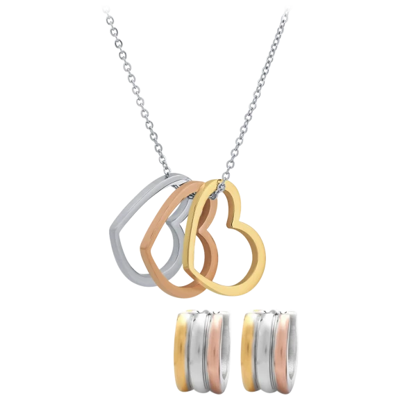 Ladies 18k Gold/Rose Gold, Stainless Steel Heart Necklace & Huggie Earring Set