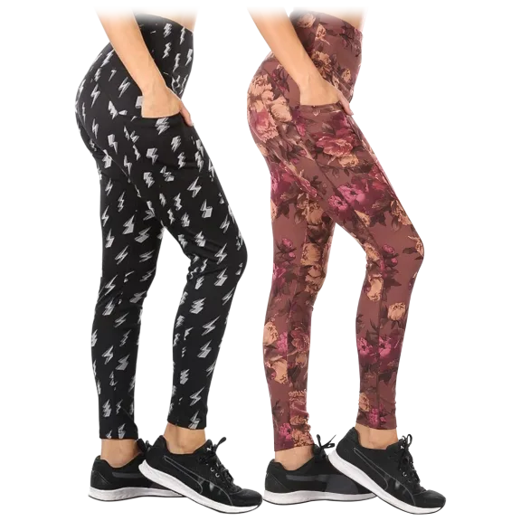 2-Pack: Nextex Apparel Women's Printed Active Leggings with Pockets