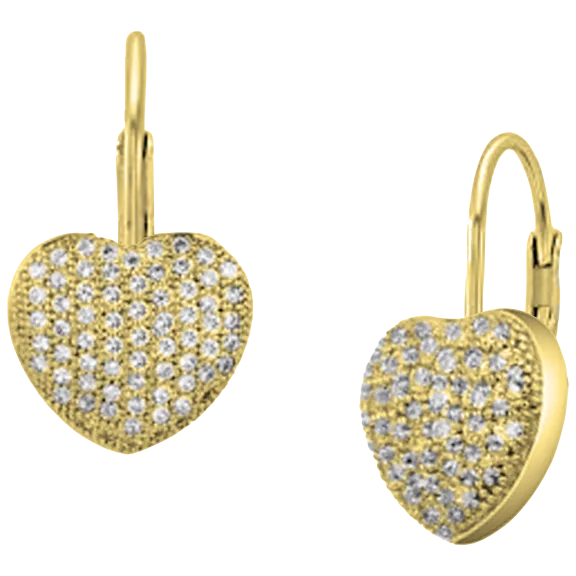 Savvy Cie Micro Pave Heart Lever Back Stud Earrings in 18K Gold Vermeil