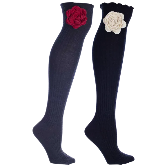 2-Pack: MinxNY Knee High Boot Socks with Snap-On Roses