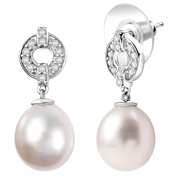 D'Joy Freshwater Pearl & White Zircon Sterling Silver Earrings 0.50ctw