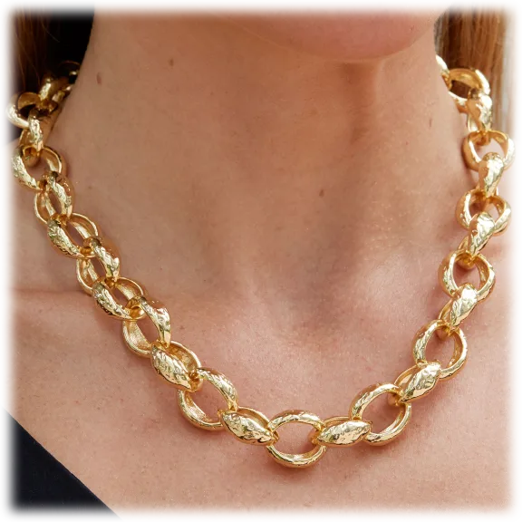 Savvy Cie 18K Gold Plated Bold Oval Hammered Statement Necklace