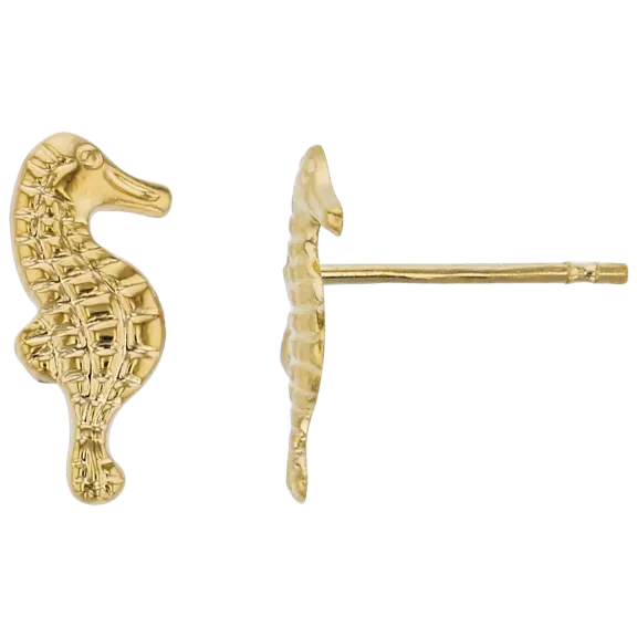 Decadence 14K Yellow Gold 10x5mm Textured Seahorse Stud Earrings