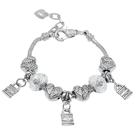 Ladies Alloy Charm Bracelet with Simulated White Diamond, Heart & Lock Charms