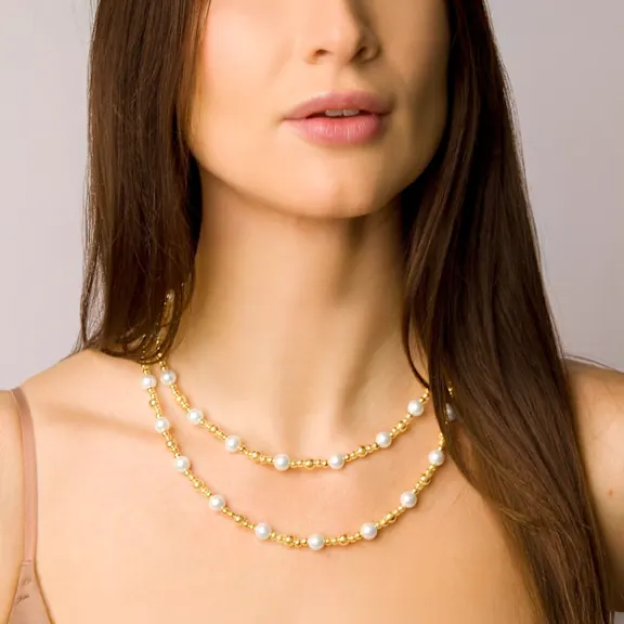 Martha Stewart Two Strand Pearl and Gold Ball Necklace 20"