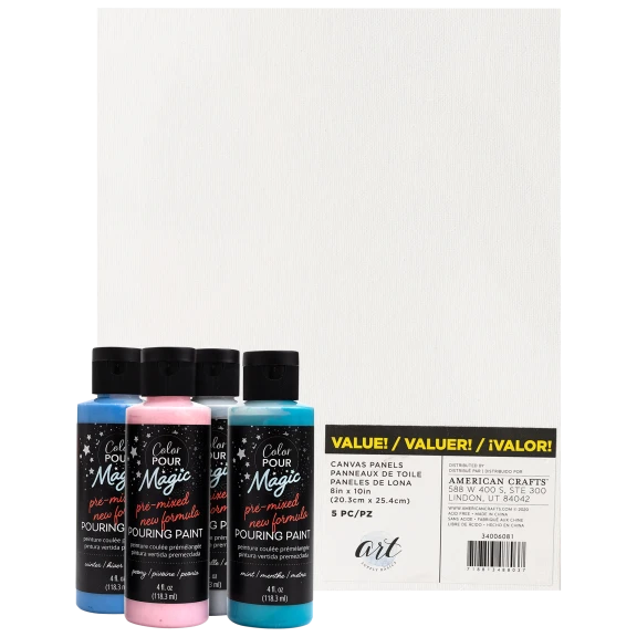 American Crafts 4-Pack of Color Pour Magic Paints Plus 5 Canvas Panels
