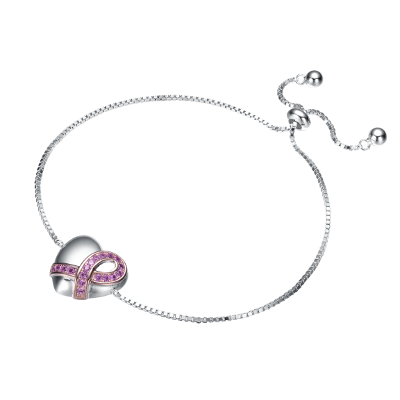 Genevive Sterling Silver Platinum Pink Heart and Loop Bolo Bracelet