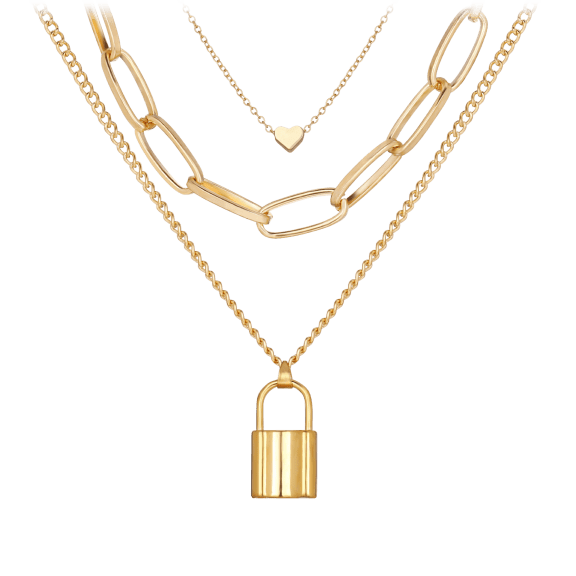 Golden NYC Jewelry 3 Piece Goldtone Lock Pendant Heart Shaped Necklace Set