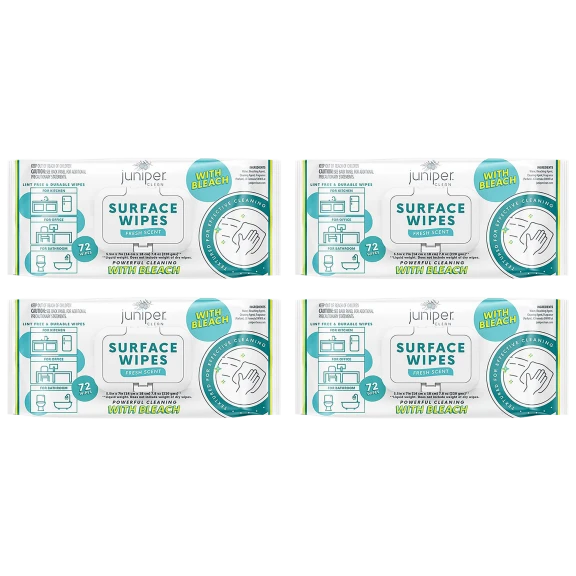 4-Pack: Juniper Clean Multi-Surface Fresh Bleach Scent Wipes - 288 Count