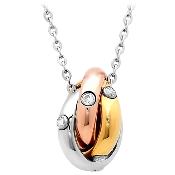 HMY Necklace with Tri Toned Interlocking Rings and Simulated Diamonds