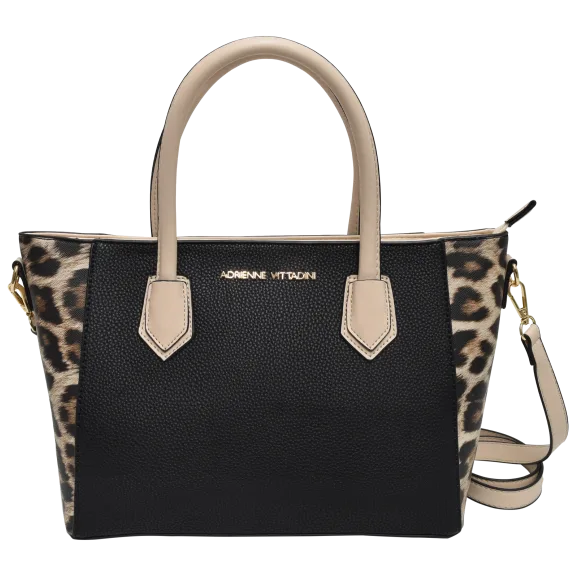 Adrienne Vittadini Leopard Trim Top Handle Bag with Shoulder Strap