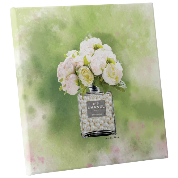 Fairchild Paris Chanel Pearls Bottle Floral Green Canvas - 30" x 30"