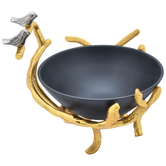 Cheer Collection Black Decorative Bowl on Gold Branch Stand with Silver Birds