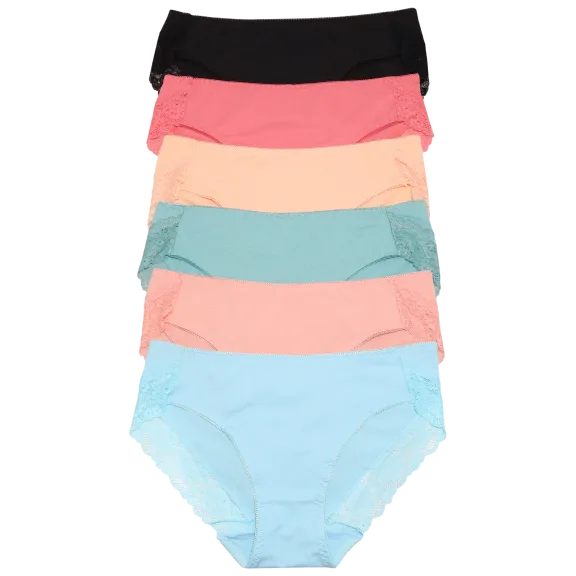 6-Pack: Angelina Cotton Bikini Panties with Back Lace Accent Detail