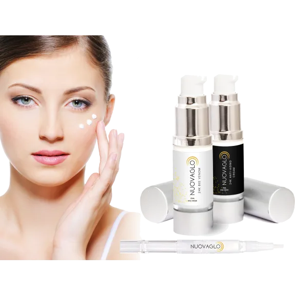 NUOVAGLO 24K Anti-Aging Facial Cream and Bee Venom Serum Set w/ Whitening Pen