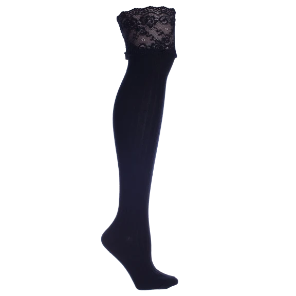 MinxNY Ribbed Knee High Boot Socks with Lace Detail