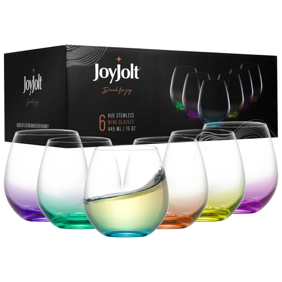 JoyJolt 6-Piece Hue Colored Stemless Wine Glasses