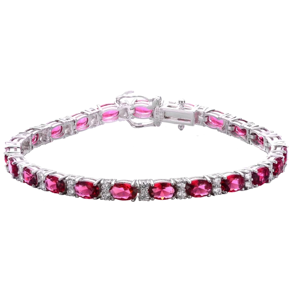 RelavenO Rhodium Plated Tennis Bracelet with Oval Ruby Red Cubic Zirconia