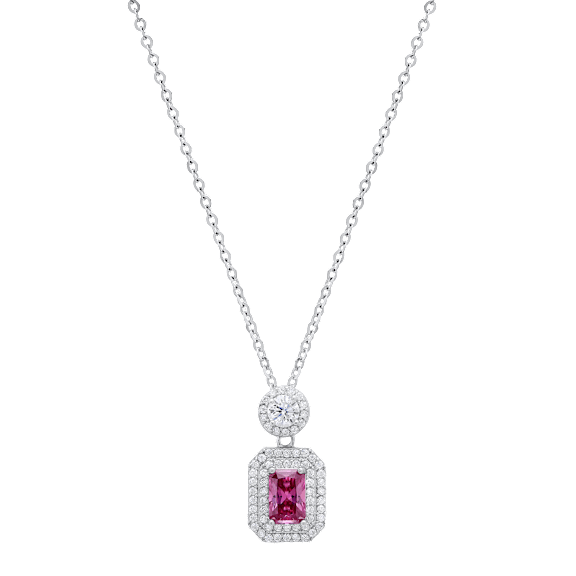 Saffron 1.0ct Pink Emerald Cut Diamond Halo Pendant Sterling Silver Necklace