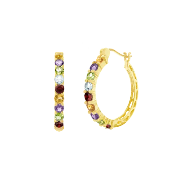 Savvy Cie 18K Gold Genuine Multi Gem Hoop Earrings