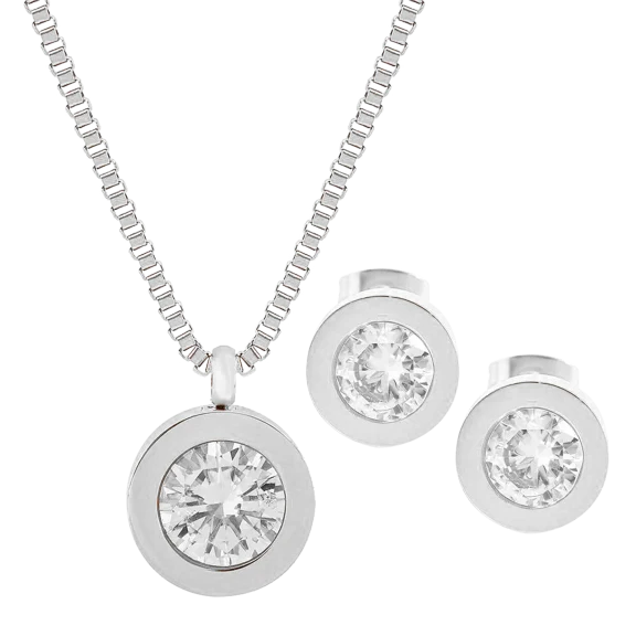 Edforce Steel CZ Necklace with Stud Earrings