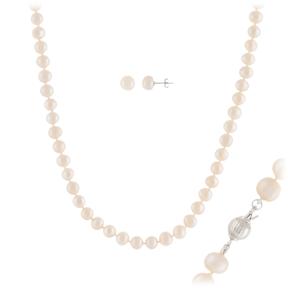 Splendid Pearls 2-Piece Freshwater Pearl Necklace and Matching Stud Earrings