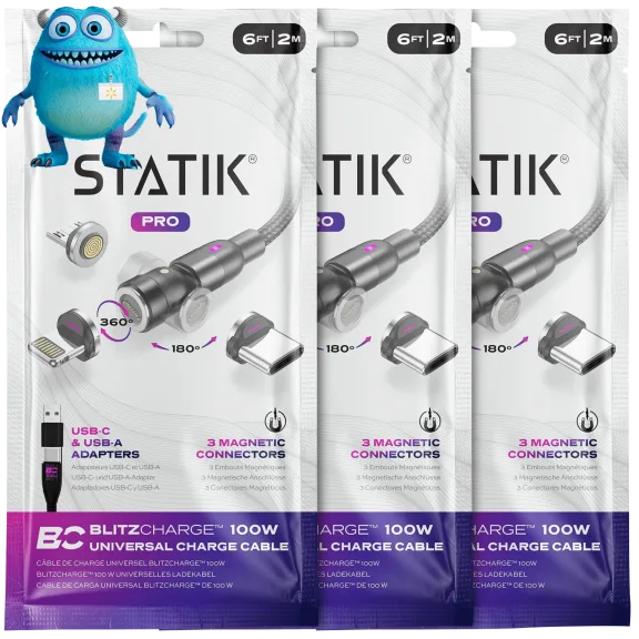 3-Pack: Statik 360 Pro 100W 6-Foot Universal Magnetic Charging Cables