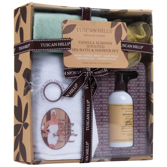 Tuscan Hills 4-Piece Body Wrap and Hair Towel Vanilla Almond Scented Gift Set