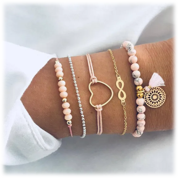 Golden NYC Jewelry 5 Piece Pink Chakra Infinity Bracelet Set