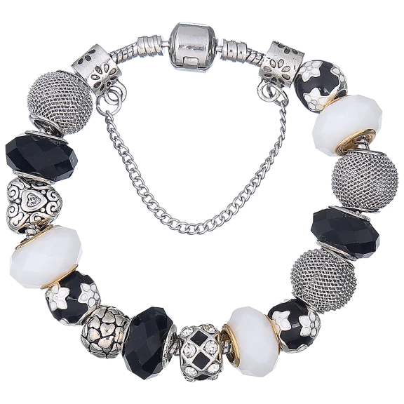 Tamborat Murano Glass Black and White Charm Bracelet