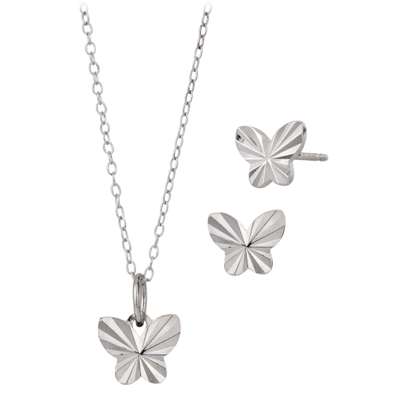 Savvy Cie Sterling Silver Fluted Butterfly Necklace & Earrings Set