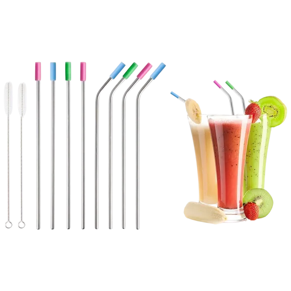 Stainless Steel Drinking Straws w/ Colored Silicone Tops (10 or 20-Pack)