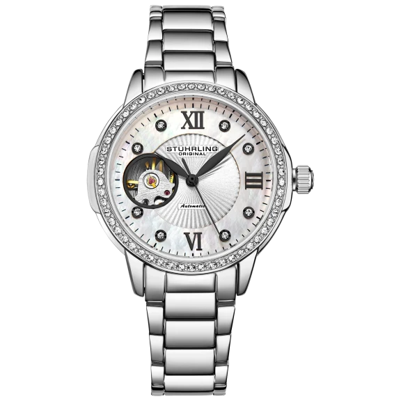 Stuhrling Ladies Automatic Silver Crystal Studded Bezel Bracelet Watch