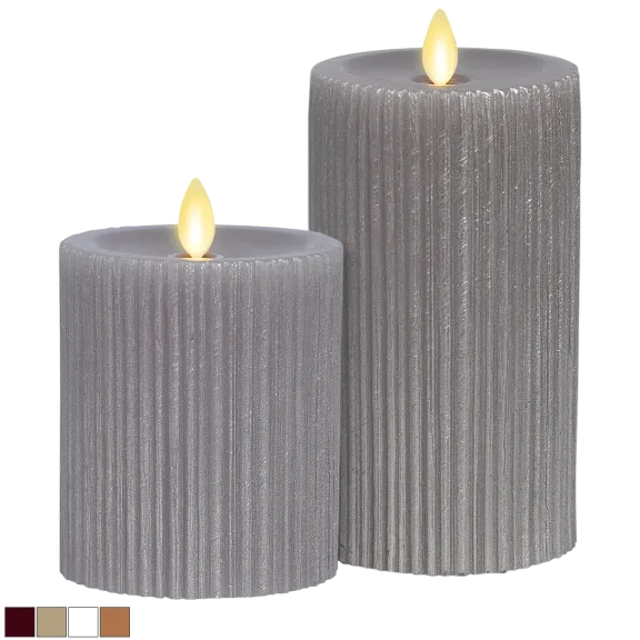 2-Pack: Luminara Indoor Ribbed Metallic Furrow Unscented Moving Flame Pillars