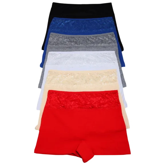 6-Pack: Angelina Classic Cotton Boyshort Boxer Brief Panties with Lace Accent