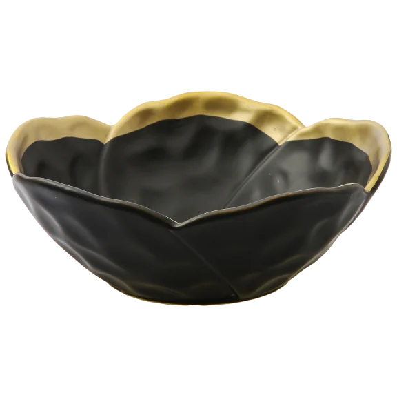Classic Touch Black Porcelain Flower Shaped Bowl with Gold Rim